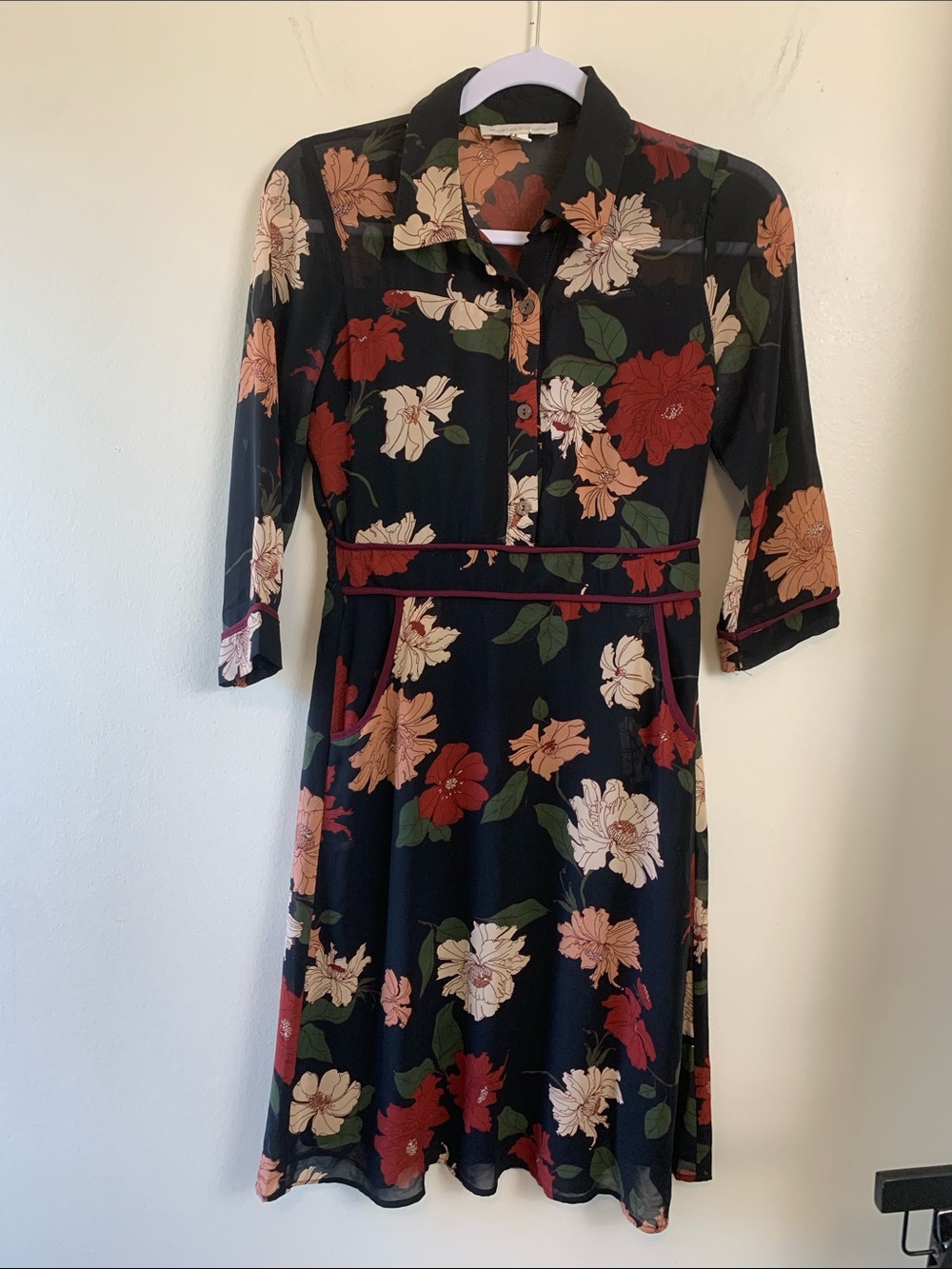 Monteau Black Floral Button-Front A-Line Dress with Red & Cream Blooms, Pockets